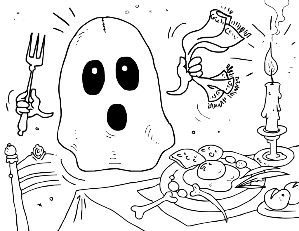 Cartoon ghost at a candlelit dinner table