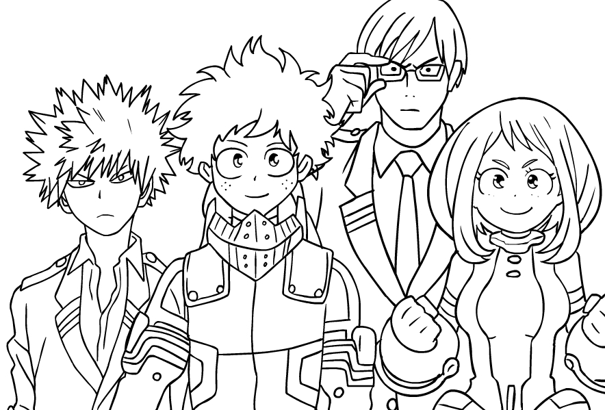 Black-and-white anime characters standing together, line art