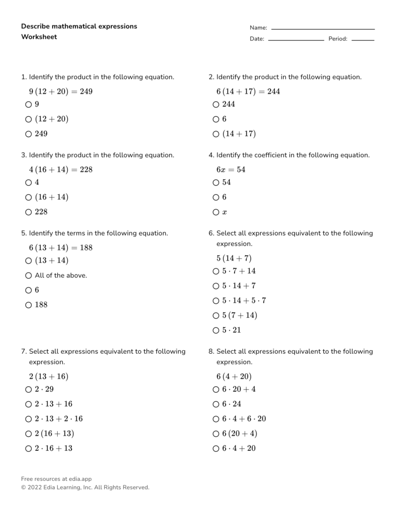 Math worksheet with equations and multiple-choice questions