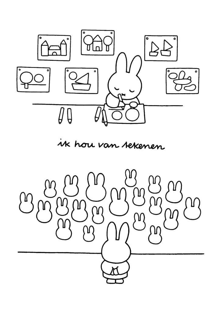 Black-and-white rabbit drawing with many small rabbits