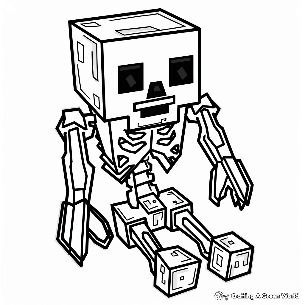 Black-and-white blocky skeleton figure with cube head