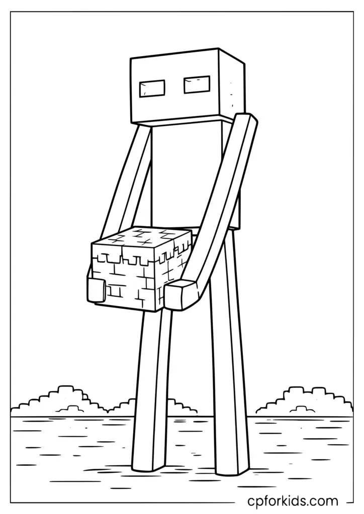 Tall blocky humanoid holding a cube over water
