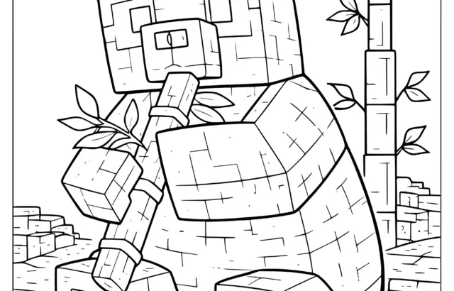 Blocky panda sitting on stone path, bamboo nearby