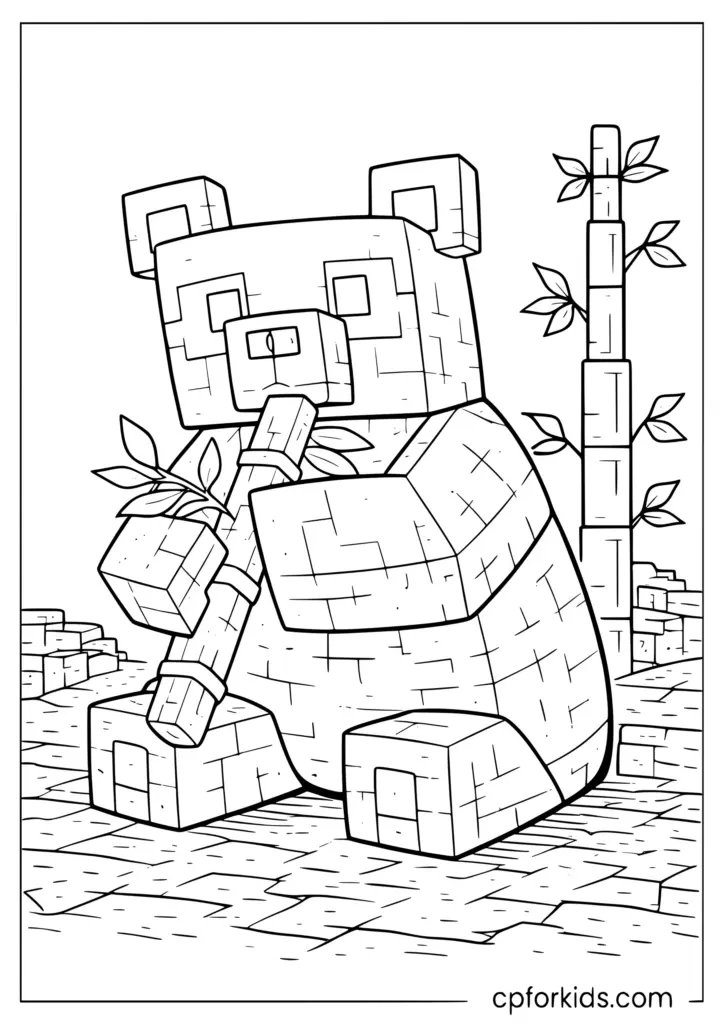 Blocky panda sitting on stone path, bamboo nearby