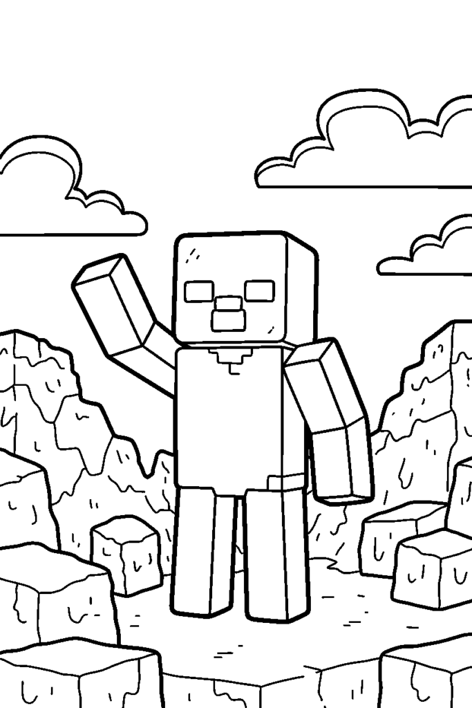 Blocky robot standing among rocky cliffs and clouds