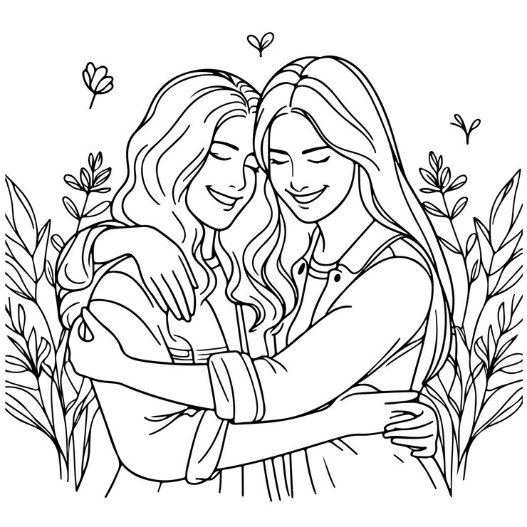 Two women hugging amid leafy plants
