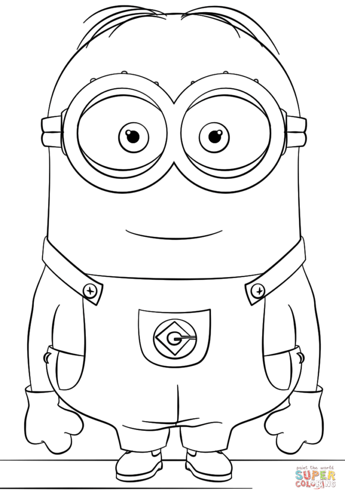 Black-and-white cartoon minion standing front-facing on white background