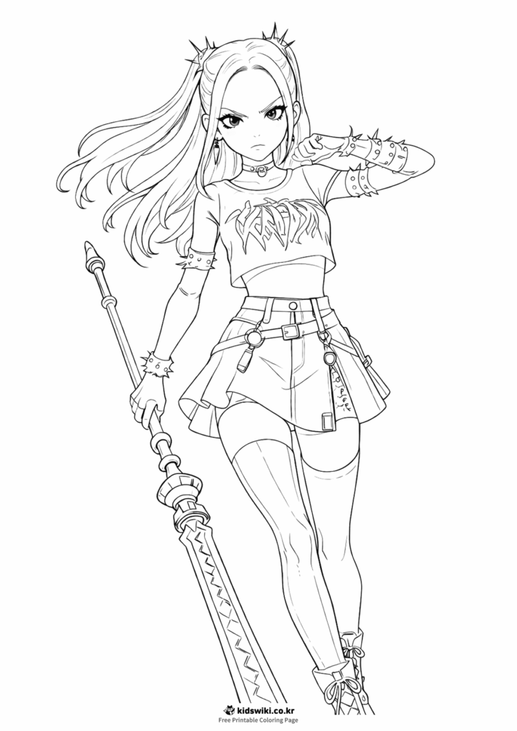 Anime-style girl with staff in coloring page