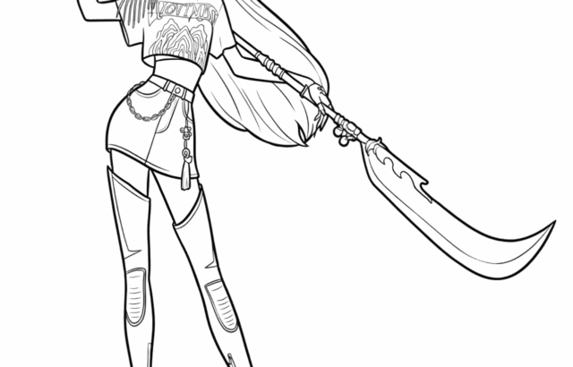 Line art of anime woman holding sword