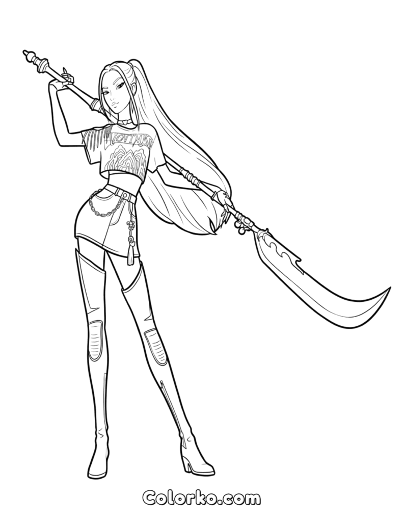 Line art of anime woman holding sword