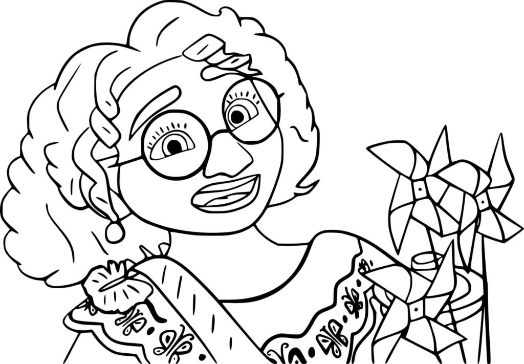Black-and-white coloring page of a smiling woman with glasses and flowers