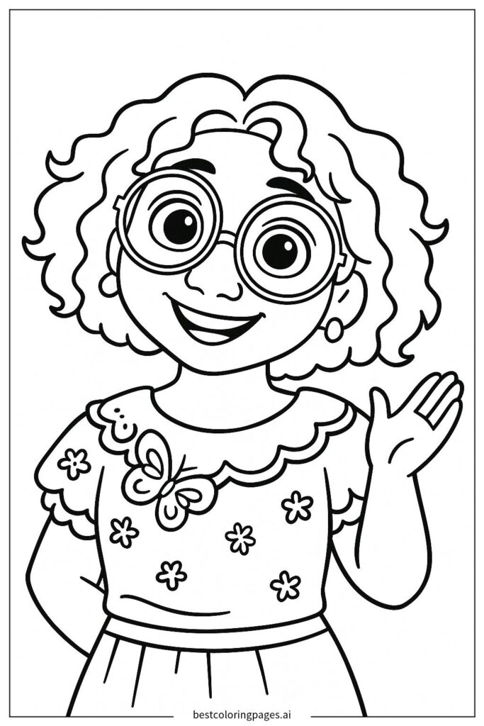 Smiling cartoon girl with glasses waving, coloring page