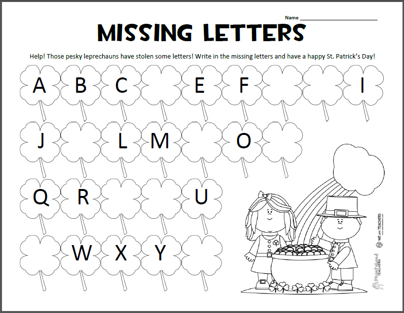 St. Patrick’s Day missing letters worksheet with shamrocks