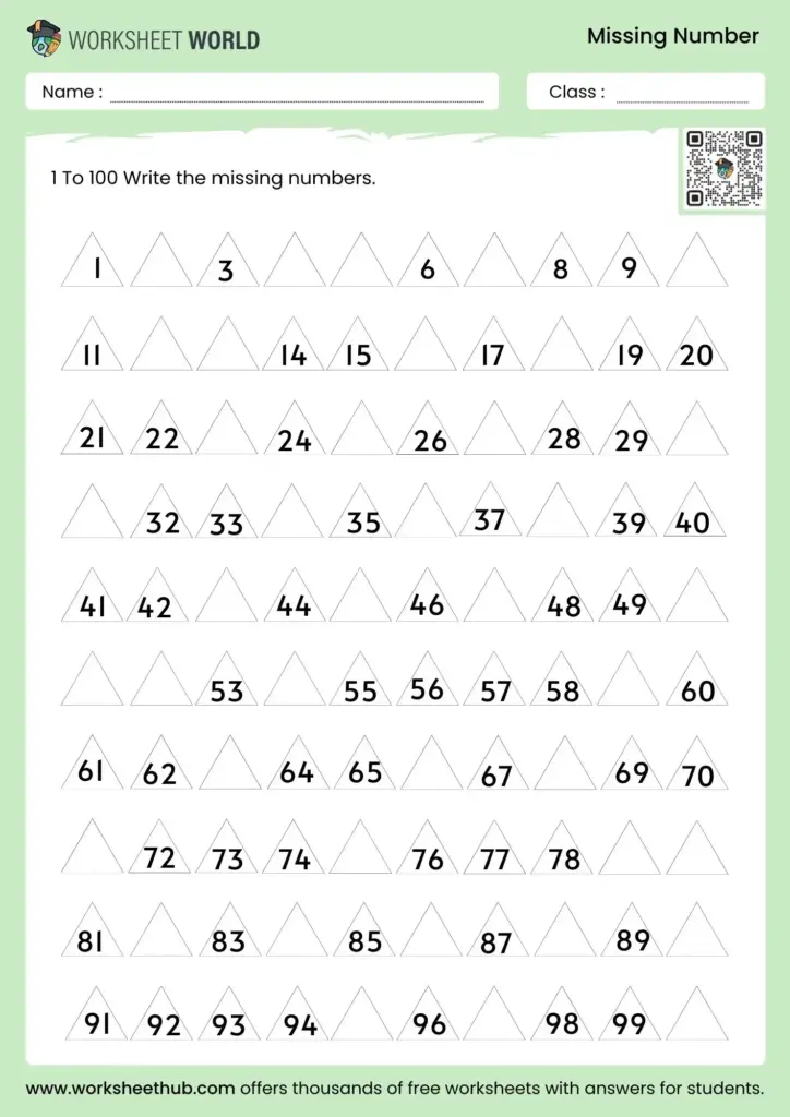 Number worksheet with triangle blanks from 1 to 100