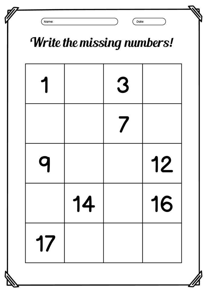 Missing numbers worksheet with 5x4 number grid