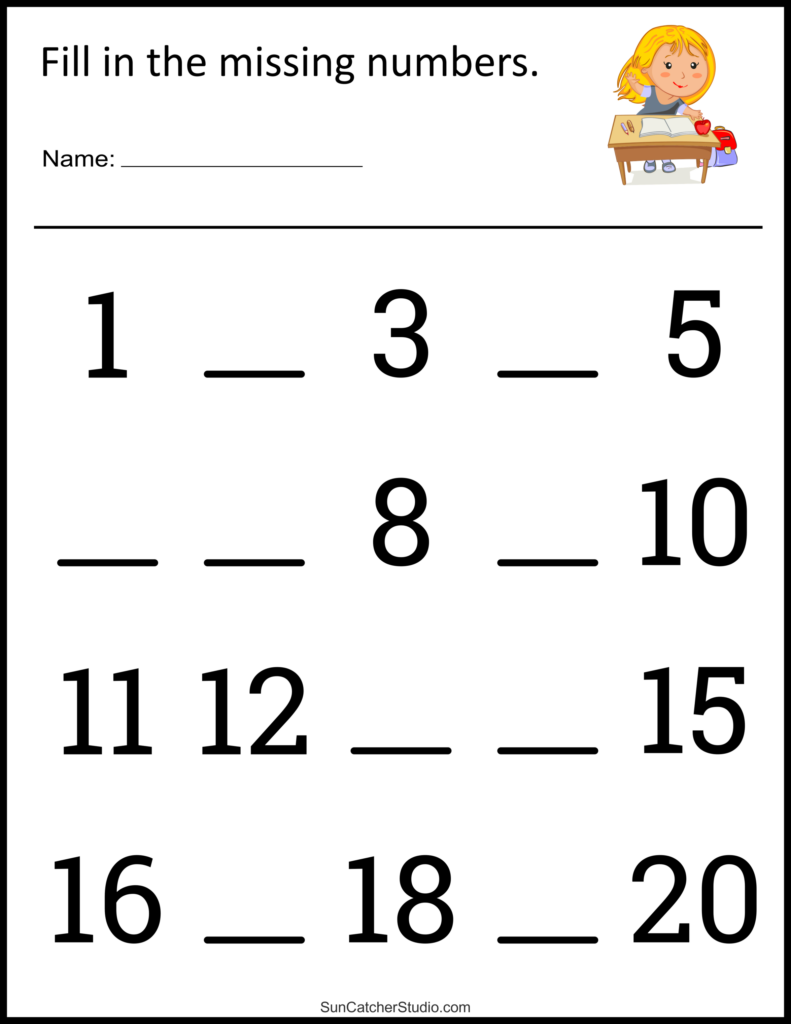 Missing numbers worksheet with cartoon girl
