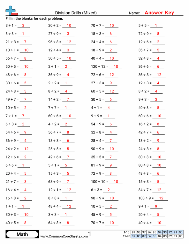 Division drills worksheet answer key with red numbers