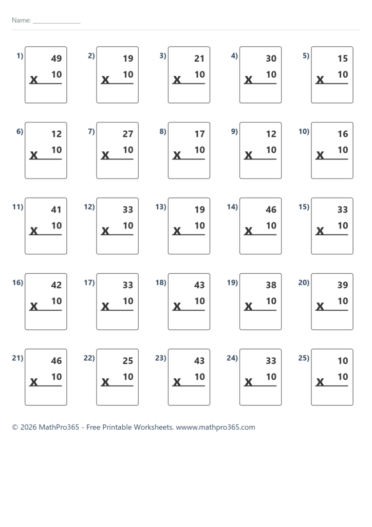 Printable math worksheet with twenty multiplication problems