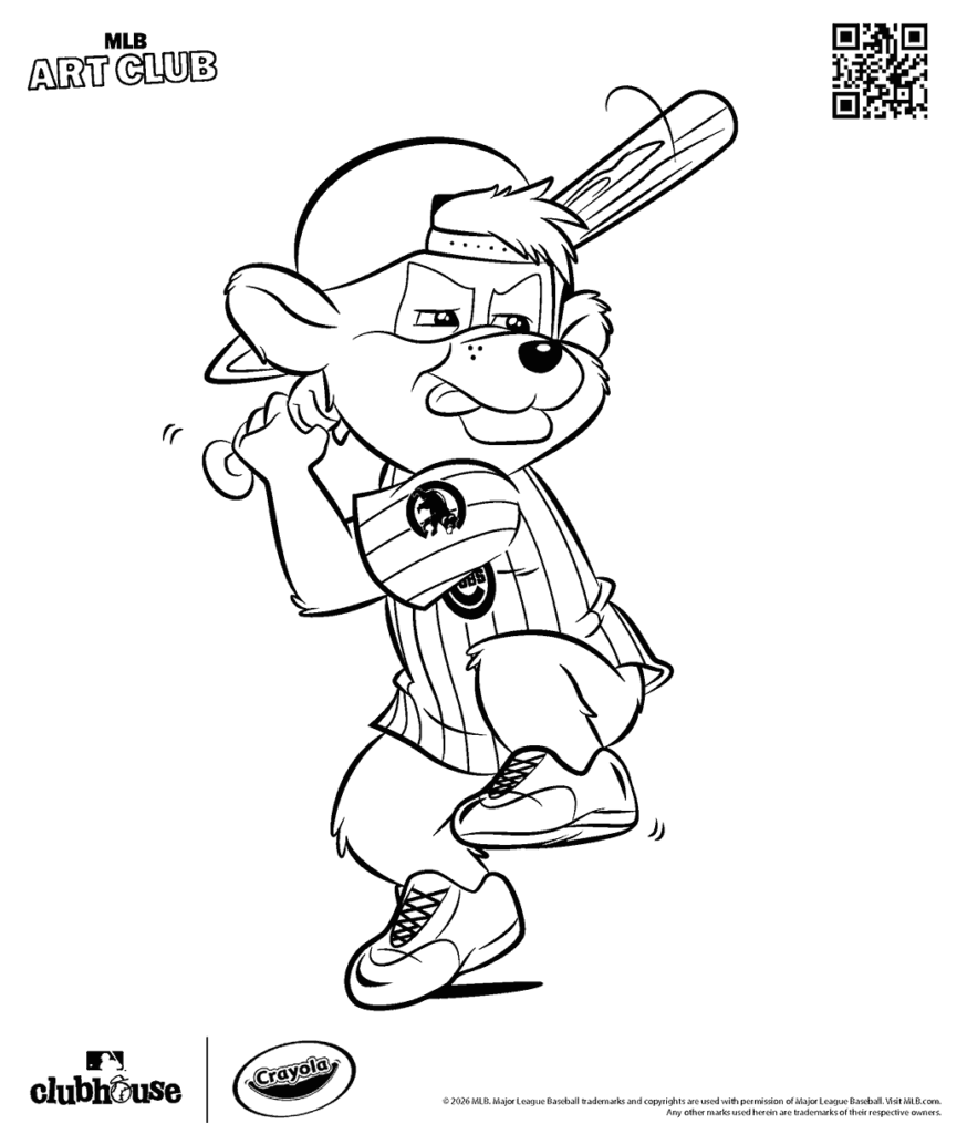 Cartoon baseball fox swinging bat, standing in white space