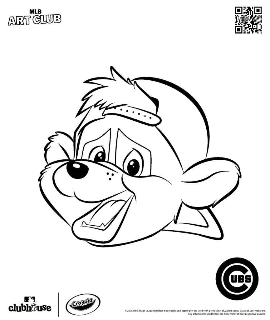 Black-and-white cartoon bear head coloring page with Cubs logo