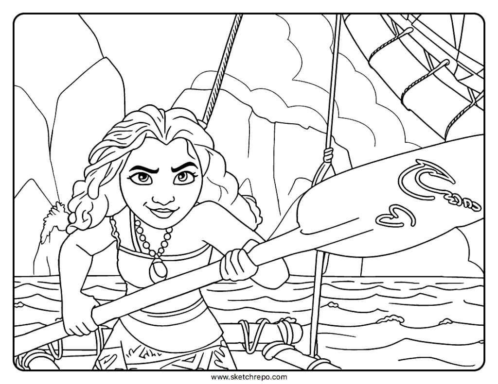 Black-and-white cartoon girl holding a paddle on water