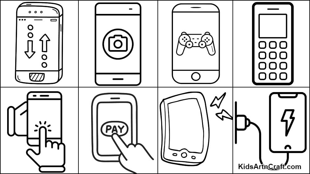 Eight smartphone icons in a black-and-white grid