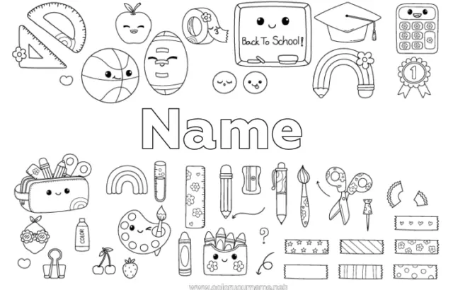 Black-and-white school supplies coloring page with name space