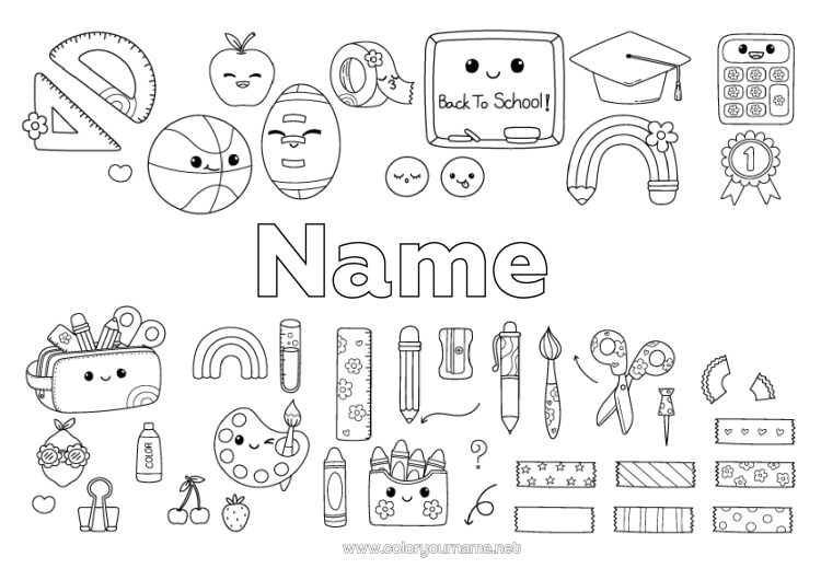 Black-and-white school supplies coloring page with name space