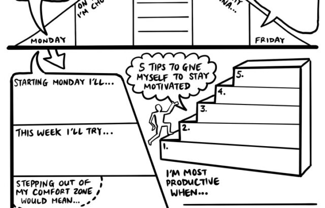 Black-and-white Monday motivation worksheet with blank prompts and arrows