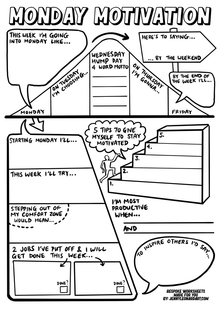 Black-and-white Monday motivation worksheet with blank prompts and arrows
