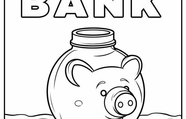 Piggy bank coloring page with coins on floor