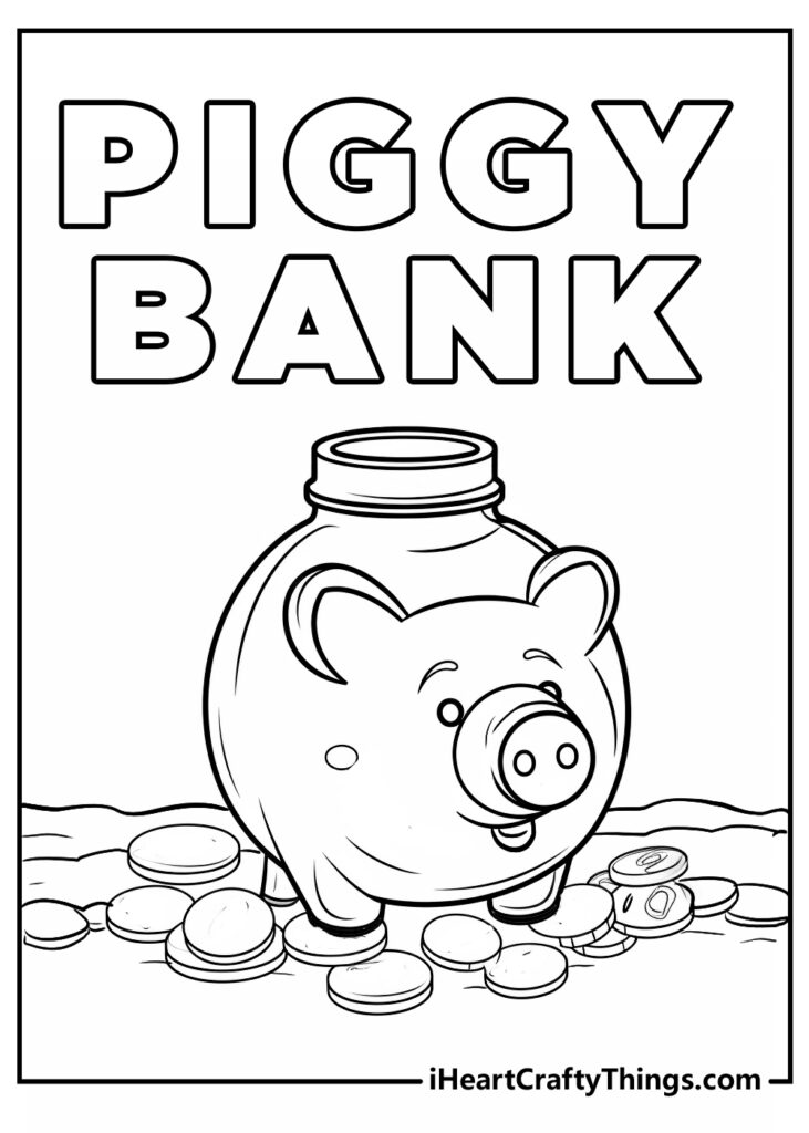 Piggy bank coloring page with coins on floor