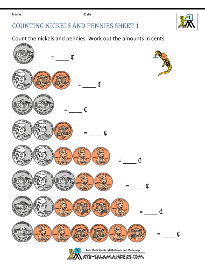 Counting nickels and pennies worksheet with coin rows