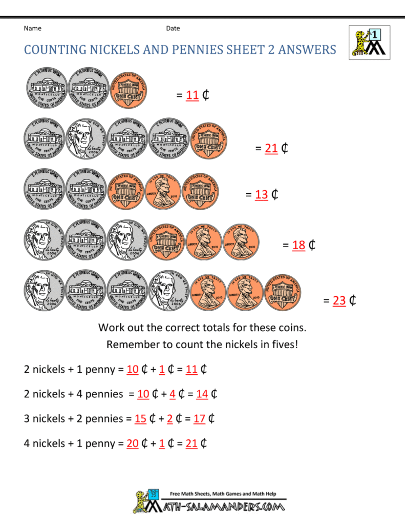 Counting nickels and pennies worksheet with coin totals
