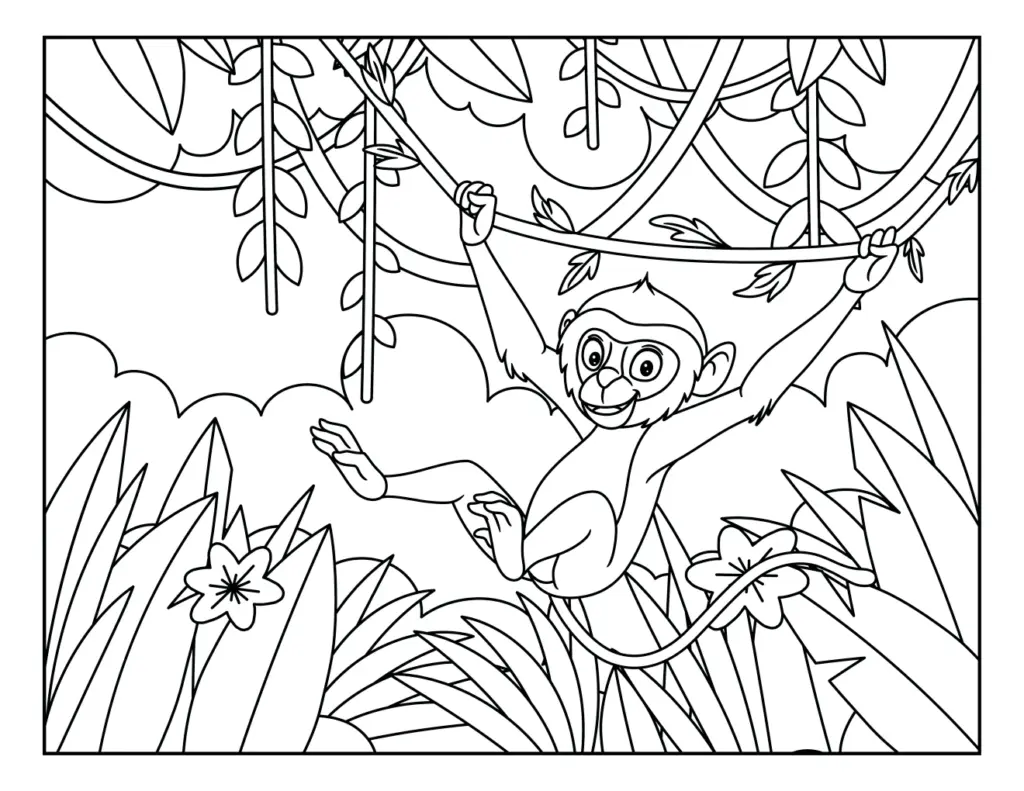 Cartoon monkey swinging through jungle vines
