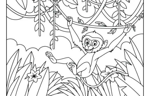Cartoon monkey swinging through jungle vines