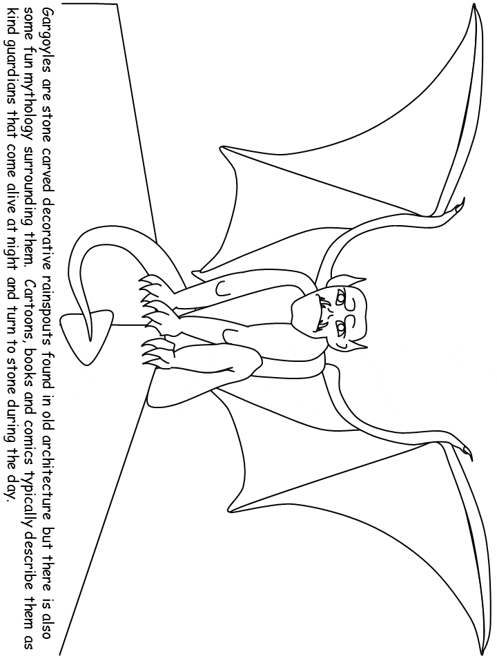 Black-and-white gargoyle coloring page with text