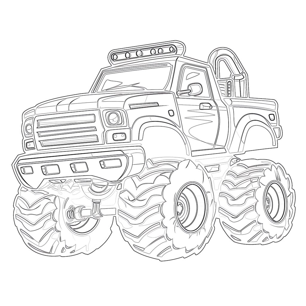 Line drawing of a lifted monster truck pickup truck