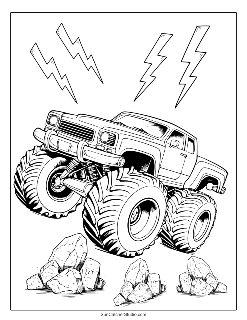 Monster truck over rocks with lightning bolts above