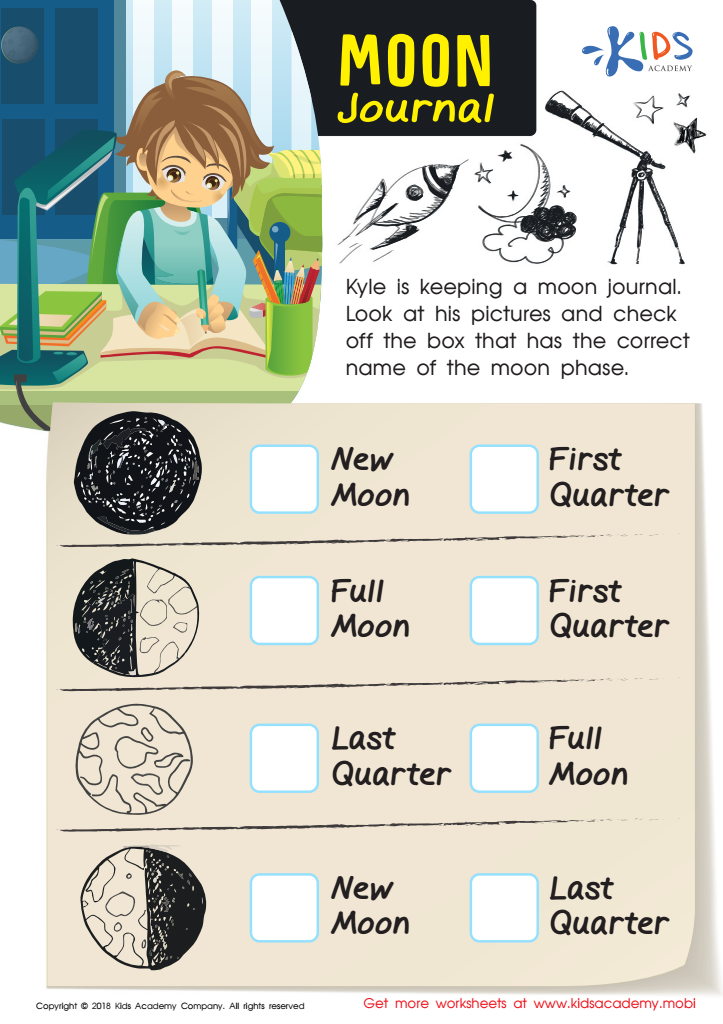 Moon journal worksheet with child, telescope, and moon phases