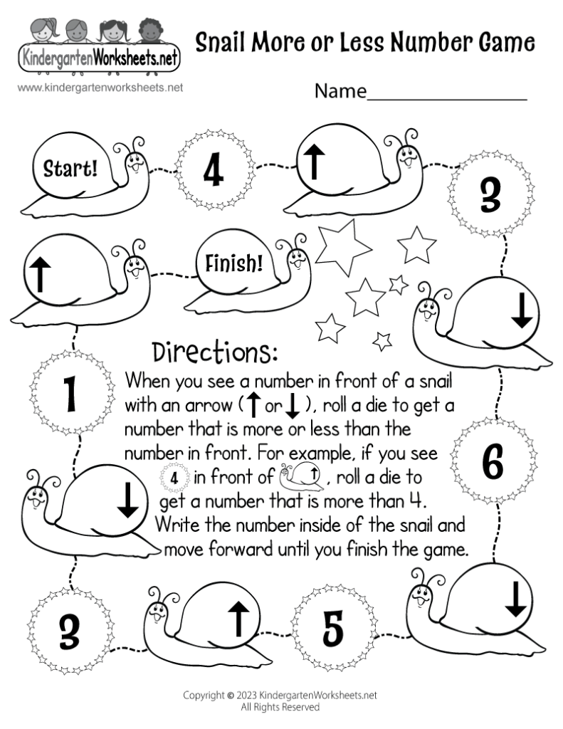 Snail number game worksheet with arrows and stars