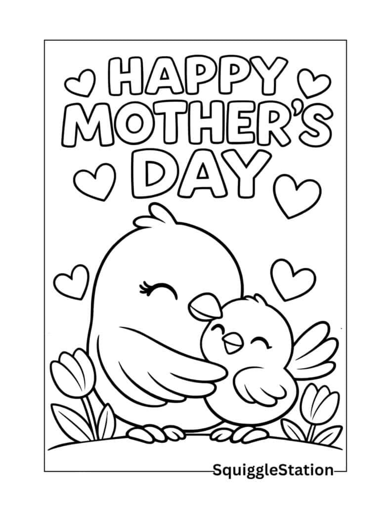 Mother bird hugging chick under Happy Mother’s Day text
