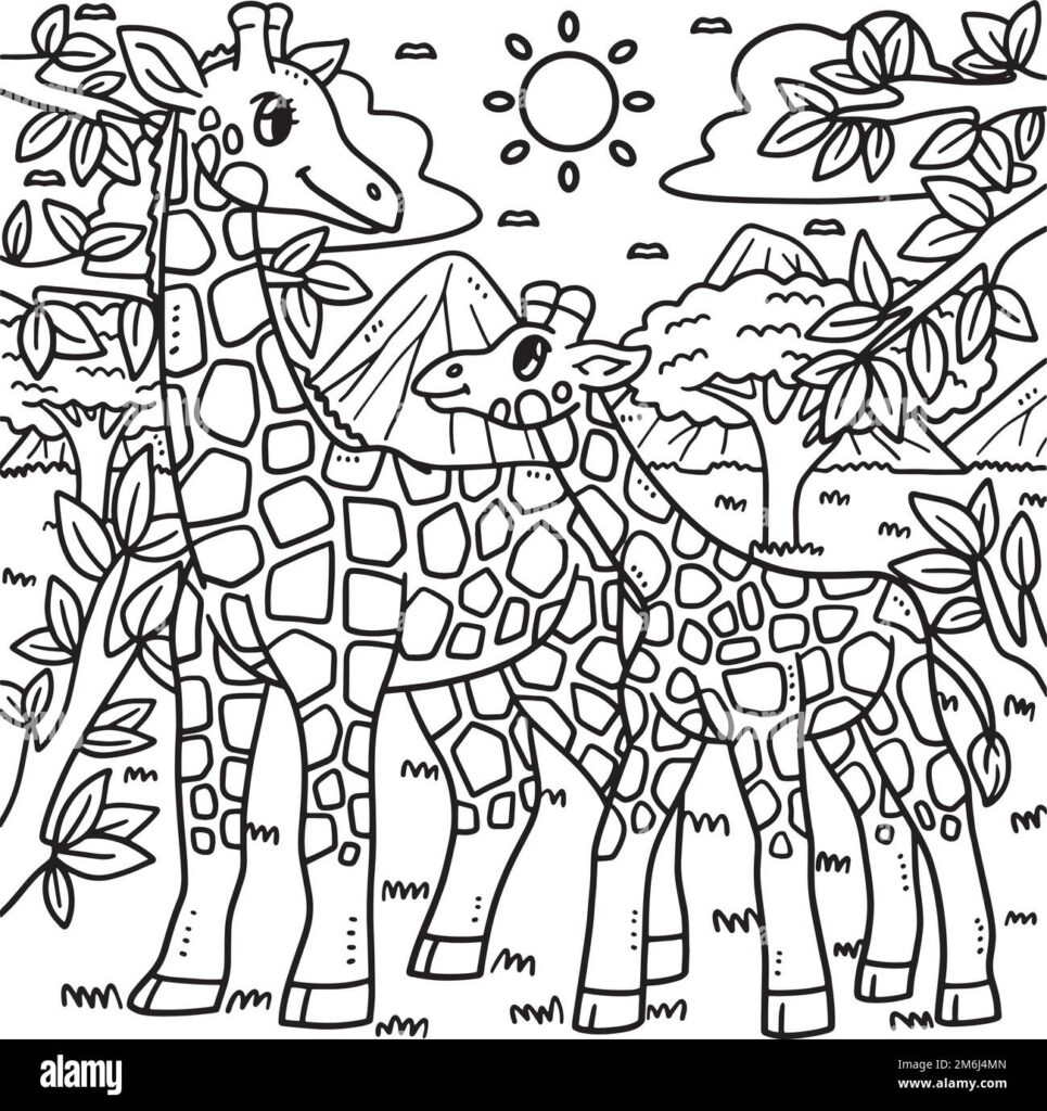 Black-and-white coloring page of two giraffes in savanna