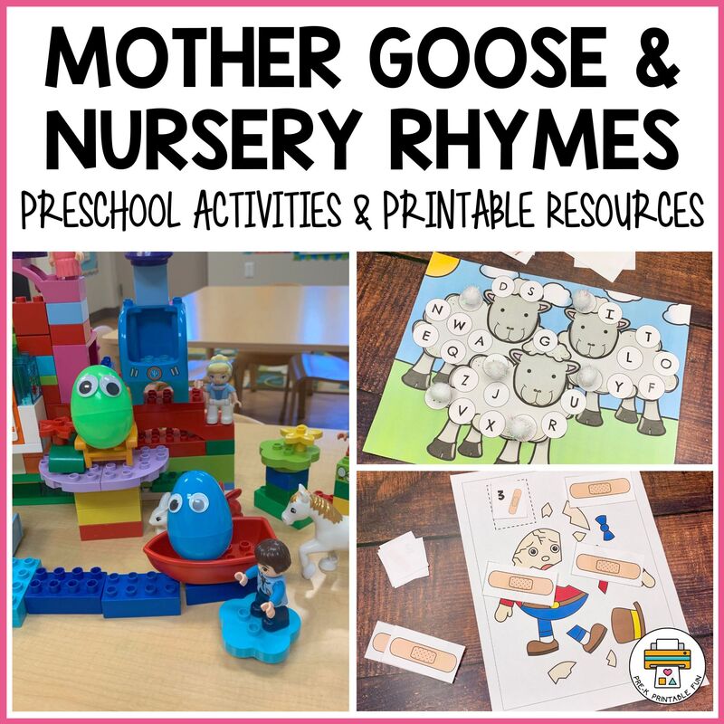 Mother Goose nursery rhymes preschool activities collage with toys and worksheets