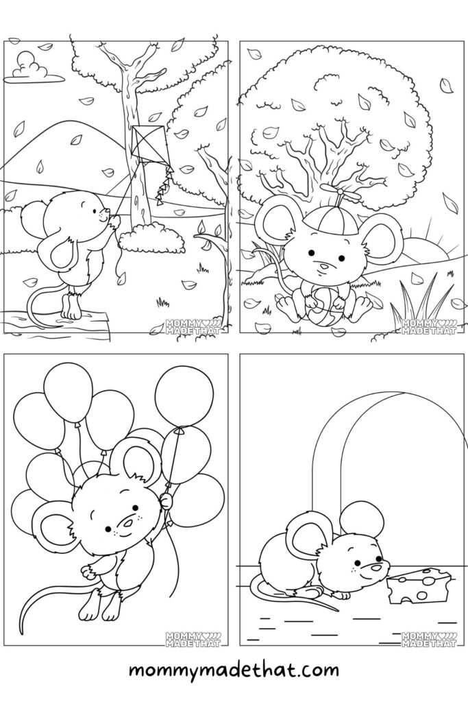 Four mouse coloring pages with balloons and cheese