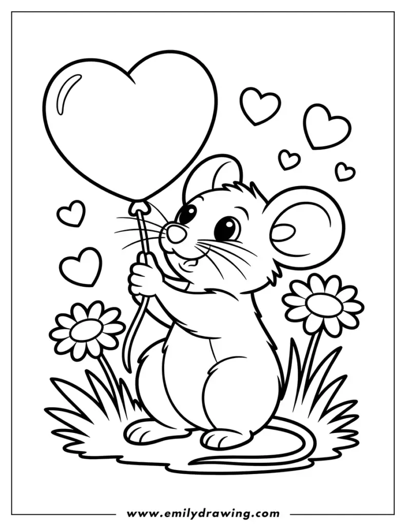 Cartoon mouse holding a heart balloon, flowers, hearts