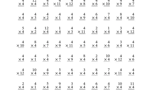 Multiplication worksheet titled “Multiplying by 4 (A)