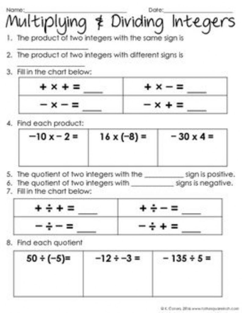 Math worksheet titled Multiplying and Dividing Integers