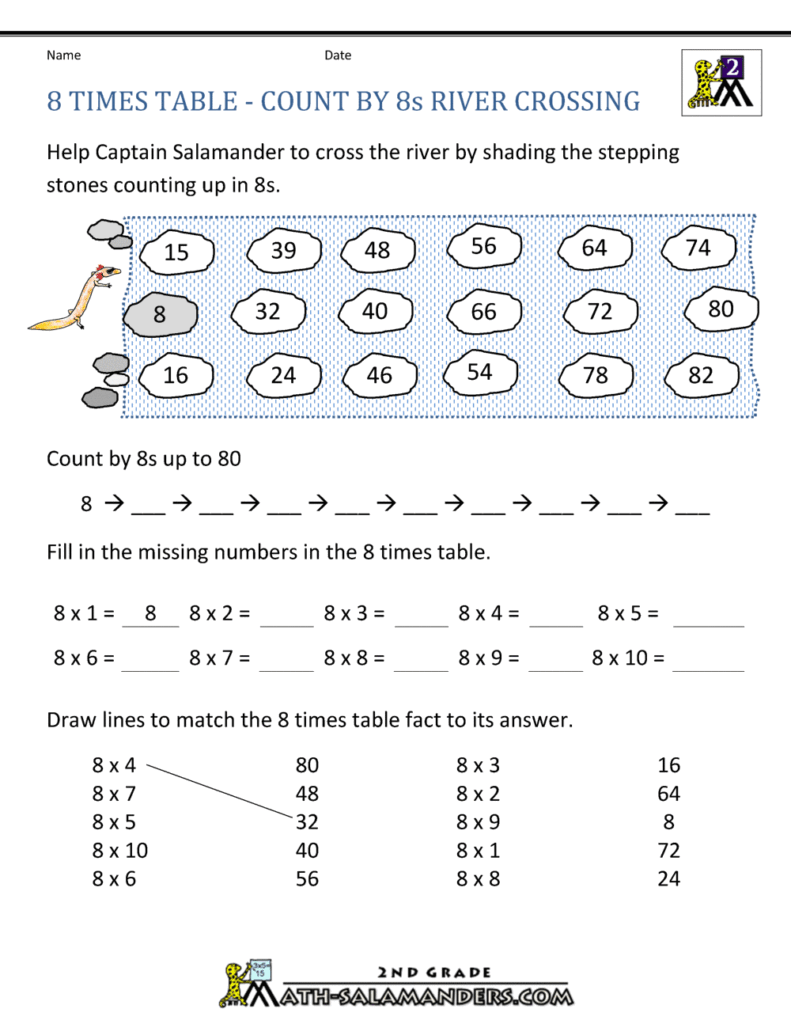 Eight times table worksheet with river crossing puzzle