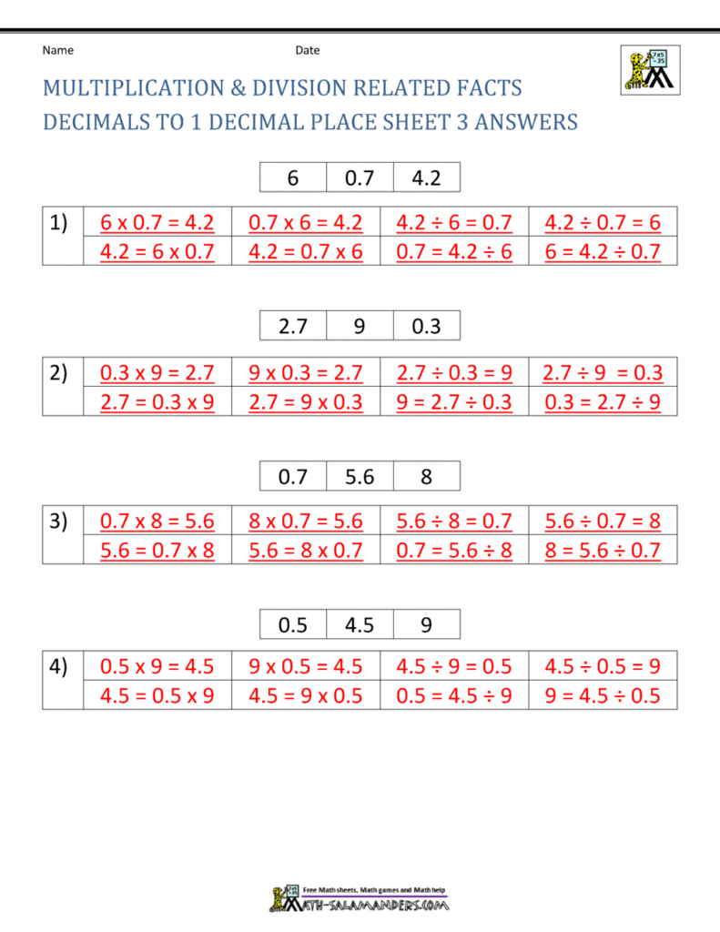 Decimal multiplication and division worksheet with answers